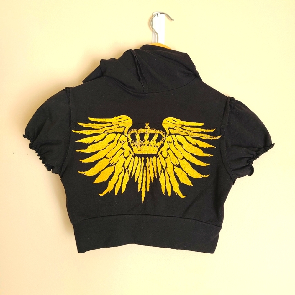 Jezebel Cropped Raw Hem Black Hoodie with Gold Crown and Wings Detail Size Small